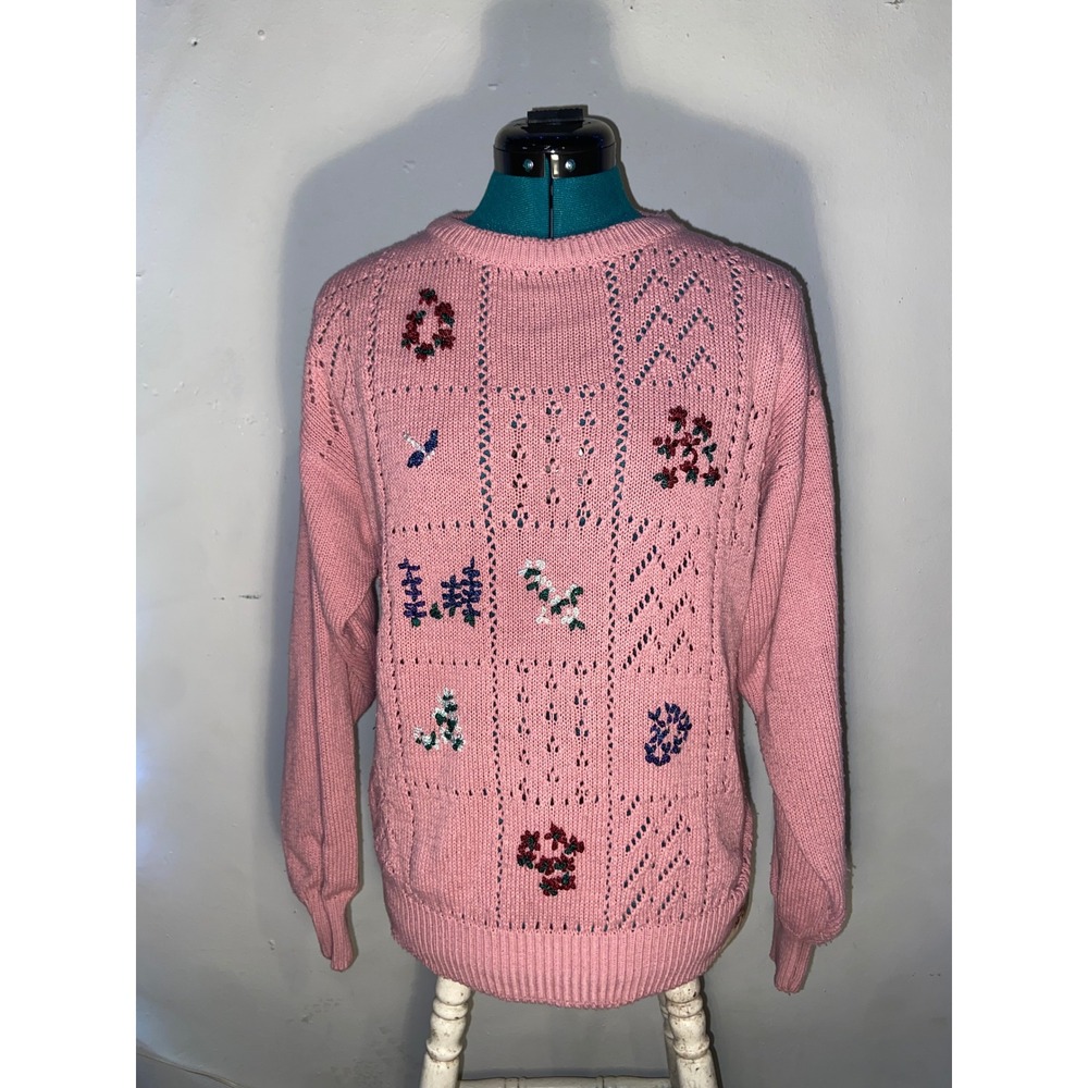 Vintage Alicia Pointelle Knit Floral Embroidered Sweater Cottagecore Gradmacore